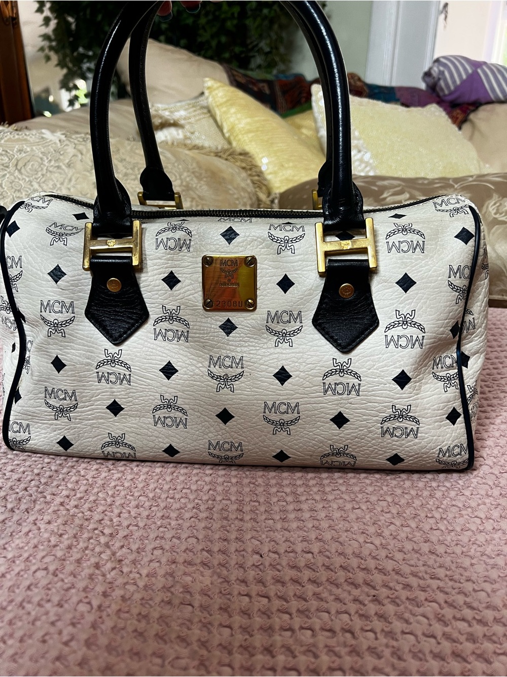 MCM Vintage White Visetos Boston Satchel Bag Navy Leather Gold Hardware